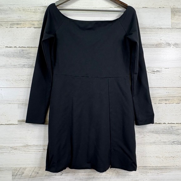 American Eagle Black Long Sleeve Stretchy Mini Dress Boat Neck with Slit Size L - Picture 2 of 13